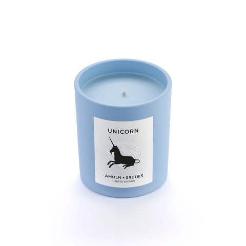 A collaboration with Amoln and Srestis design house creates a limited edition blue wax candle in the same sky blue ceramic jar, with a scent capturing the magic and mystery of the unicorn.