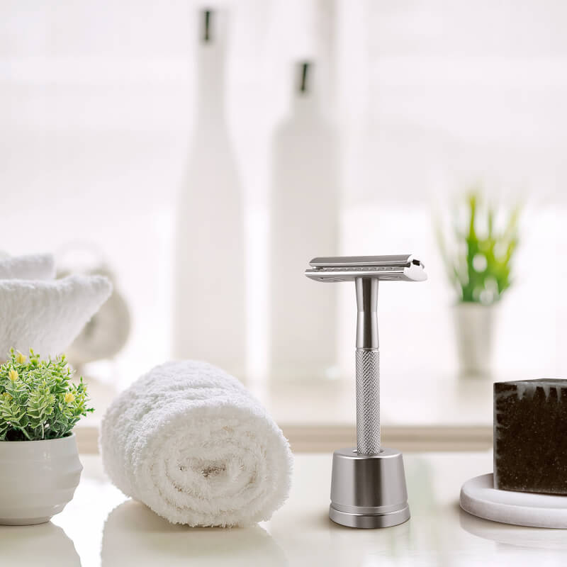 safety razor with its own stand  for the modern bathroom, in a choice of 3 contemporary colours