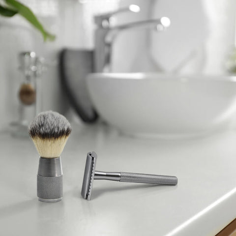 Vegan shaving brush and matching safety razor for the modern bathroom, in a choice of 3 contemporary colours