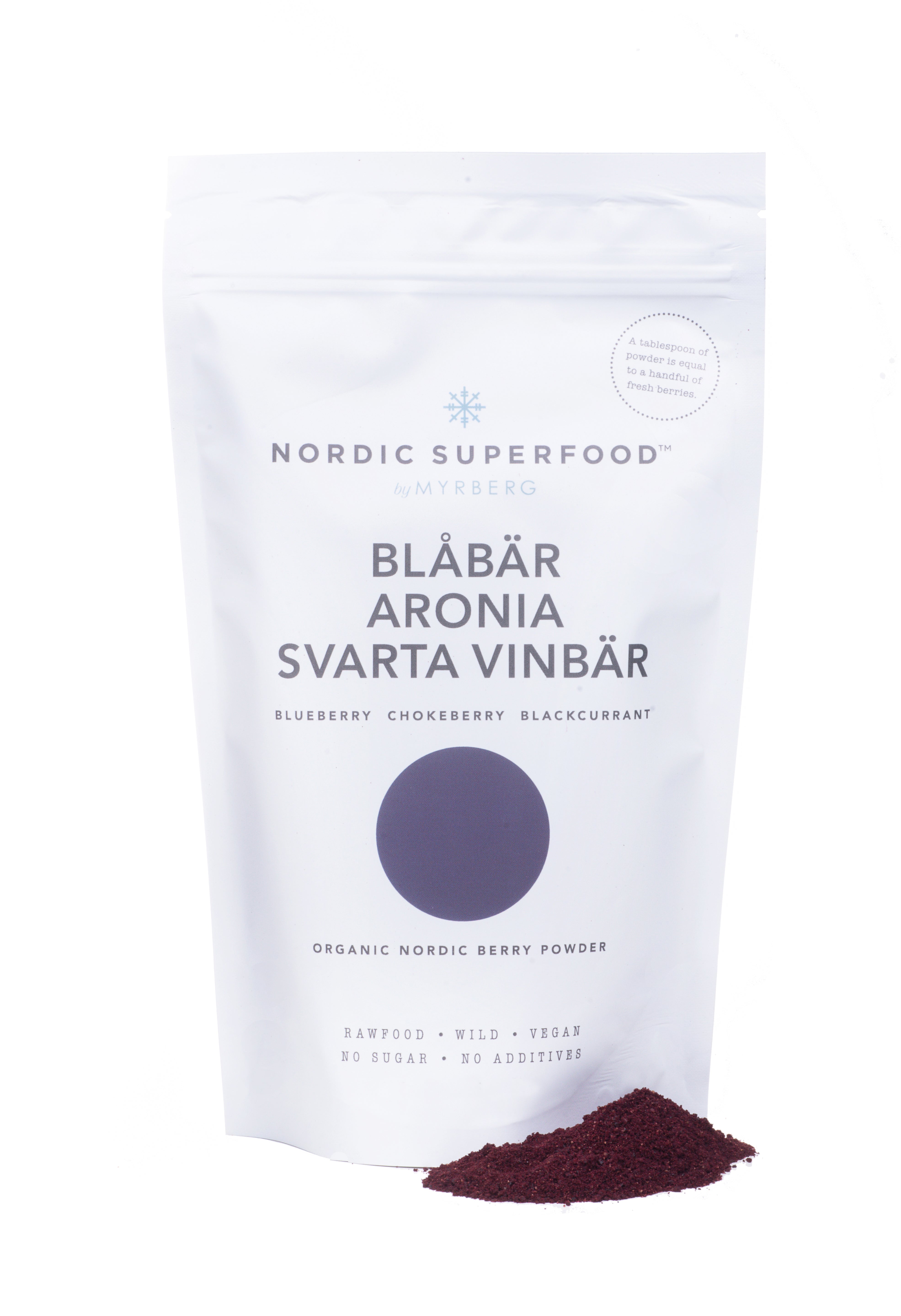 Large white pouch of all natural, handpicked organic wild superfoods from the Nordic nature, with blend of blue fruits - blueberry, blackcurrant and choke berry.