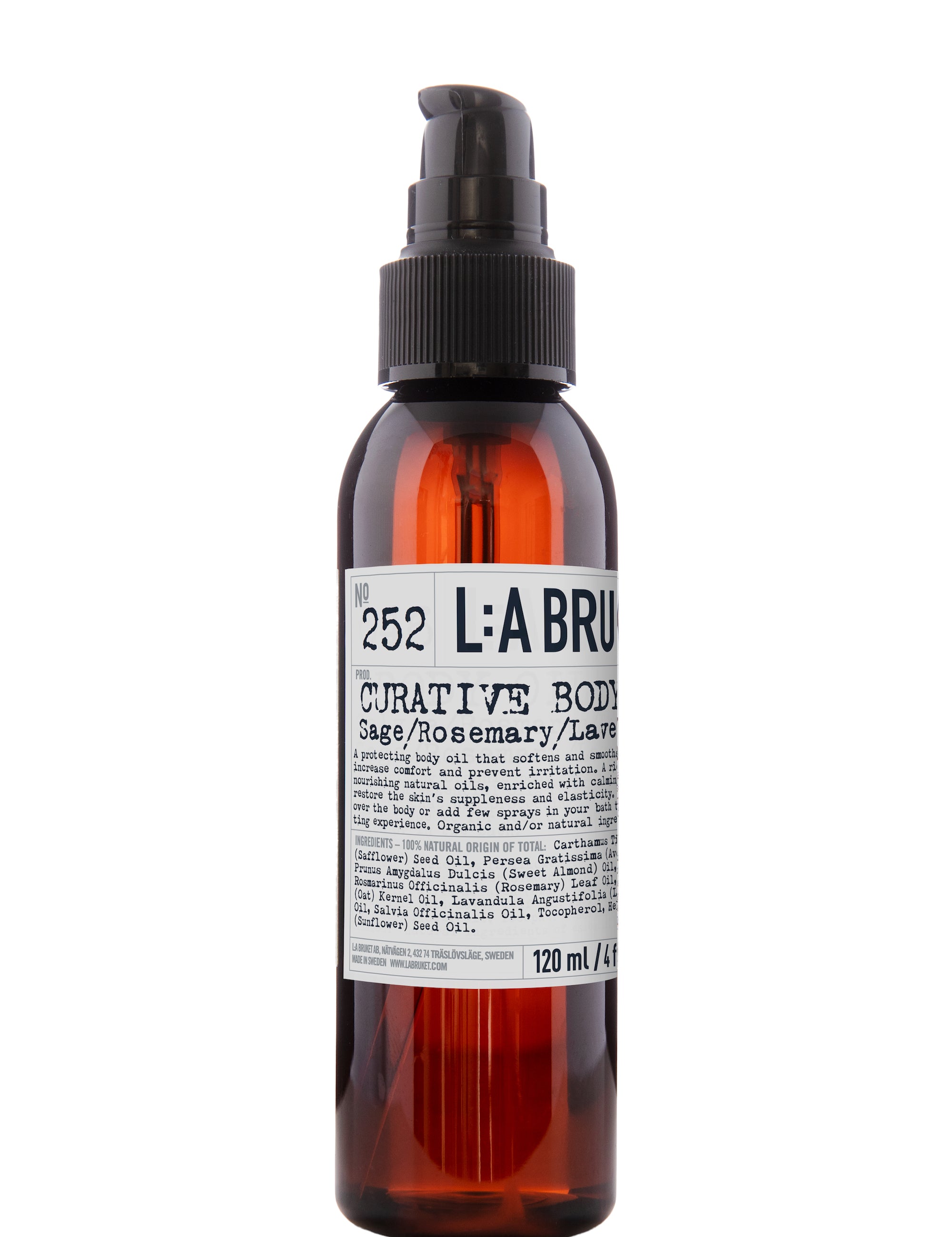 Natural, vegan & organic body oil with scent of sage, rosemary & lavender in brown pump bottle from the nature of Sweden's West Coast by the best selling minimalist L:A Bruket