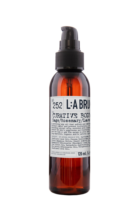 Natural, vegan & organic body oil with scent of sage, rosemary & lavender in brown pump bottle from the nature of Sweden's West Coast by the best selling minimalist L:A Bruket