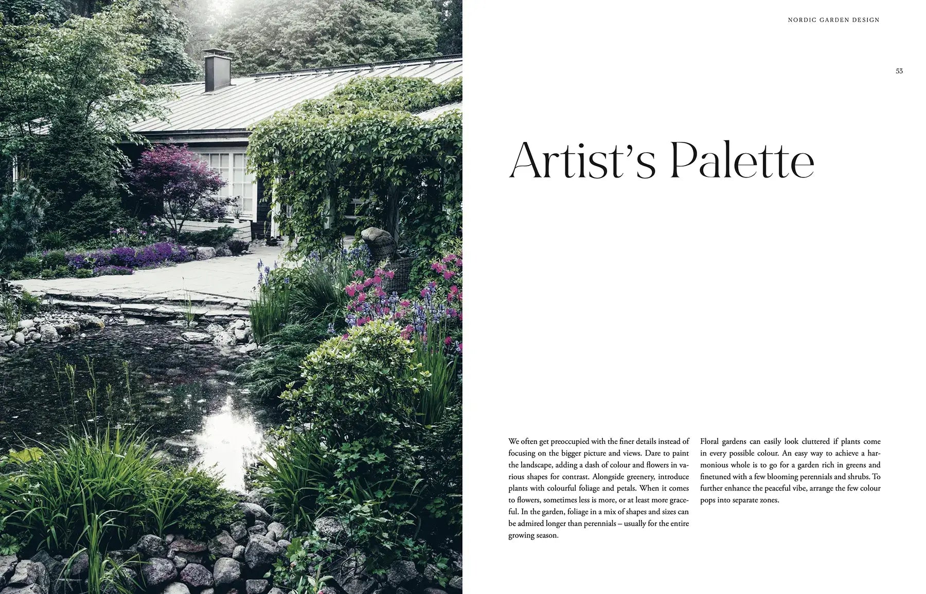 Garden scene with pond and flowers, featuring text 'Artist's Palette' on the right.