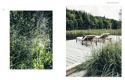 Two outdoor scenes: one with tall grass and the other with a wooden deck by a Nordic forest.