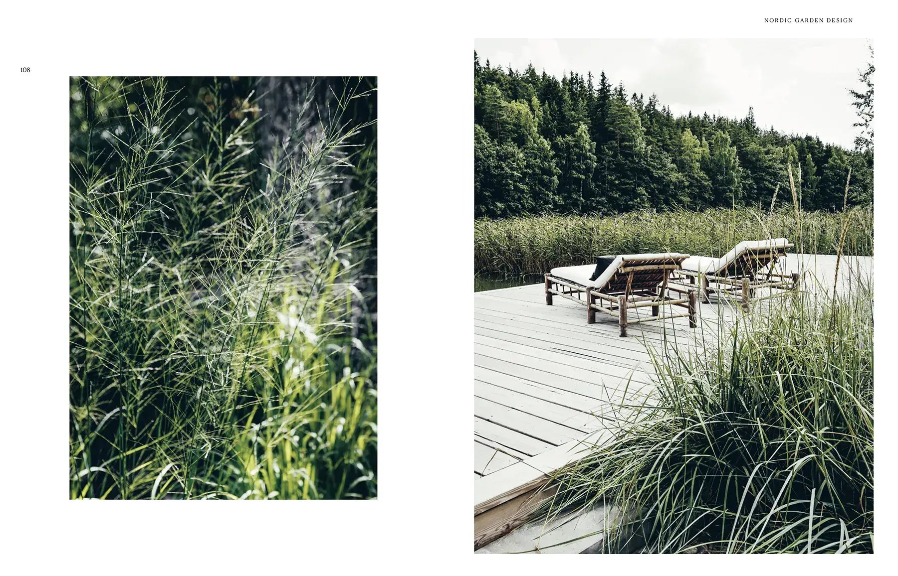 Two outdoor scenes: one with tall grass and the other with a wooden deck by a Nordic forest.