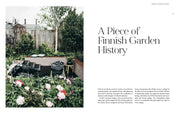 Garden scene with flowers and text about Finnish gardens
