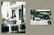 Two outdoor scenes with people and furniture on a patio and garden.