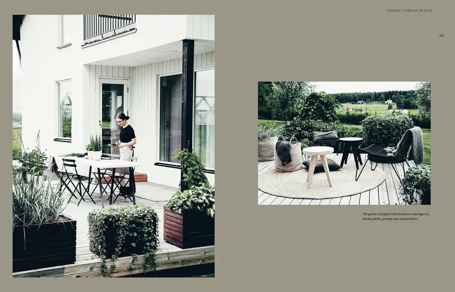Two outdoor scenes with people and furniture on a patio and garden.
