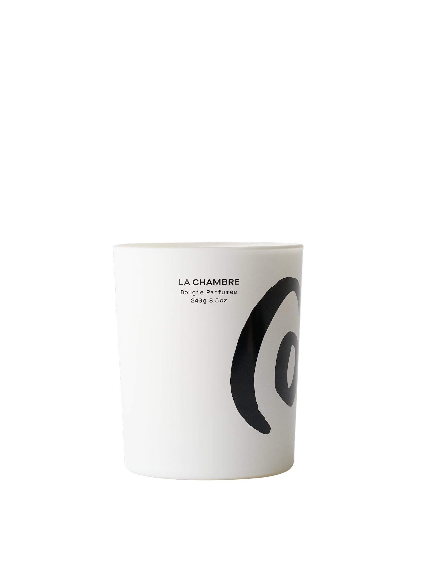 White candle vessel with bold black graphic of LA CHAMBRE natural & vegan luxury scented candle from Colekt