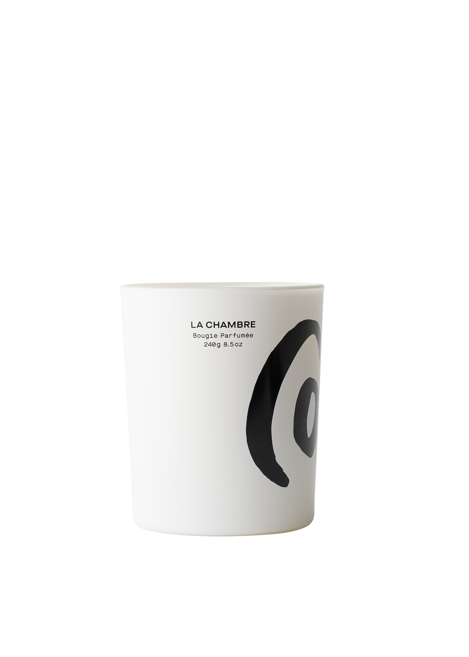 White candle vessel with bold black graphic of LA CHAMBRE natural & vegan luxury scented candle from Colekt