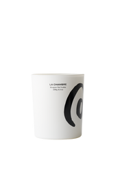 White candle vessel with bold black graphic of LA CHAMBRE natural & vegan luxury scented candle from Colekt