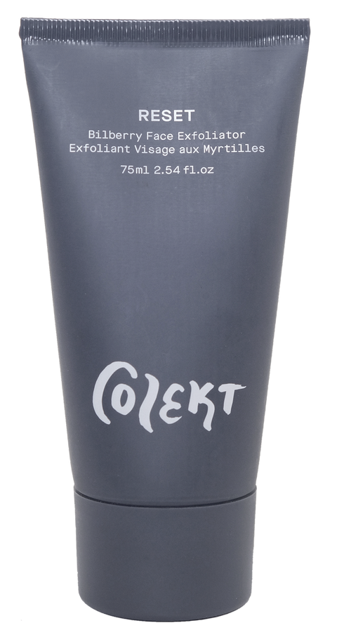 RESET bilberry face exfoliator natural & vegan skincare in stylish & unisex all grey tube with white graphic from Colekt Stockholm