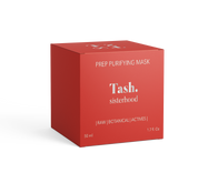 Bright orange box with jar of Prep Purifying Mask for mild exfoliating effect on the face from natural olive leaves from raw plant skincare brand Tash sisterhood. (8539053228337)