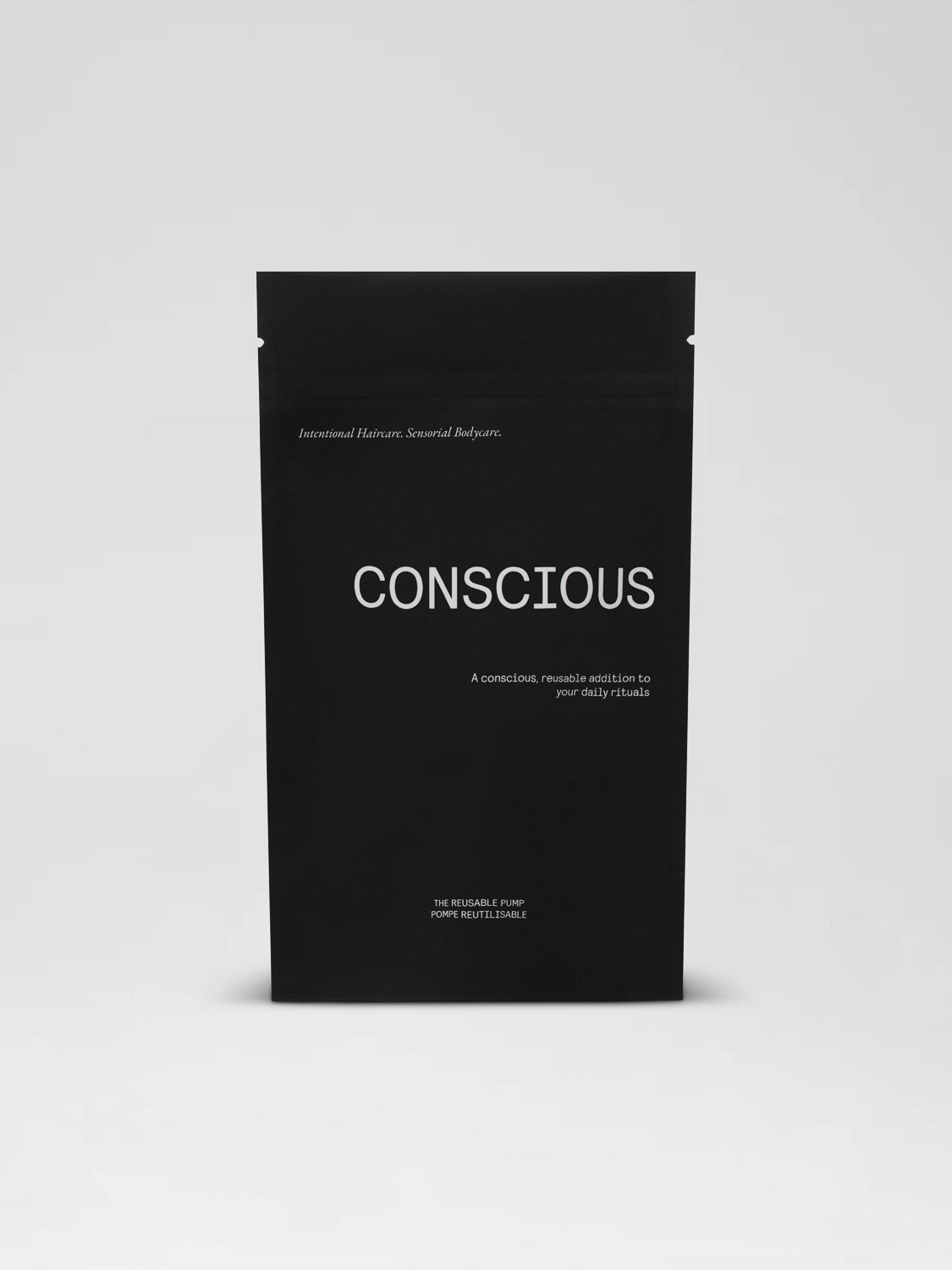 From Conscious Botanist, The Reuseable Pump in black pouch, to fit all aluminium bottles for a modern bathroom and sustainable lifestyle