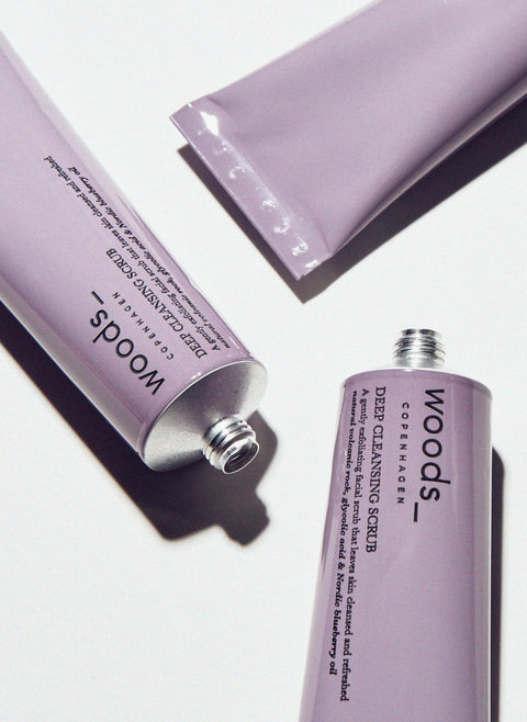 Lilac metal tube with natural, organic vegan Deep Cleansing Scrub for all skins, unisex , made by Woods Copenhagen (8509527753009)