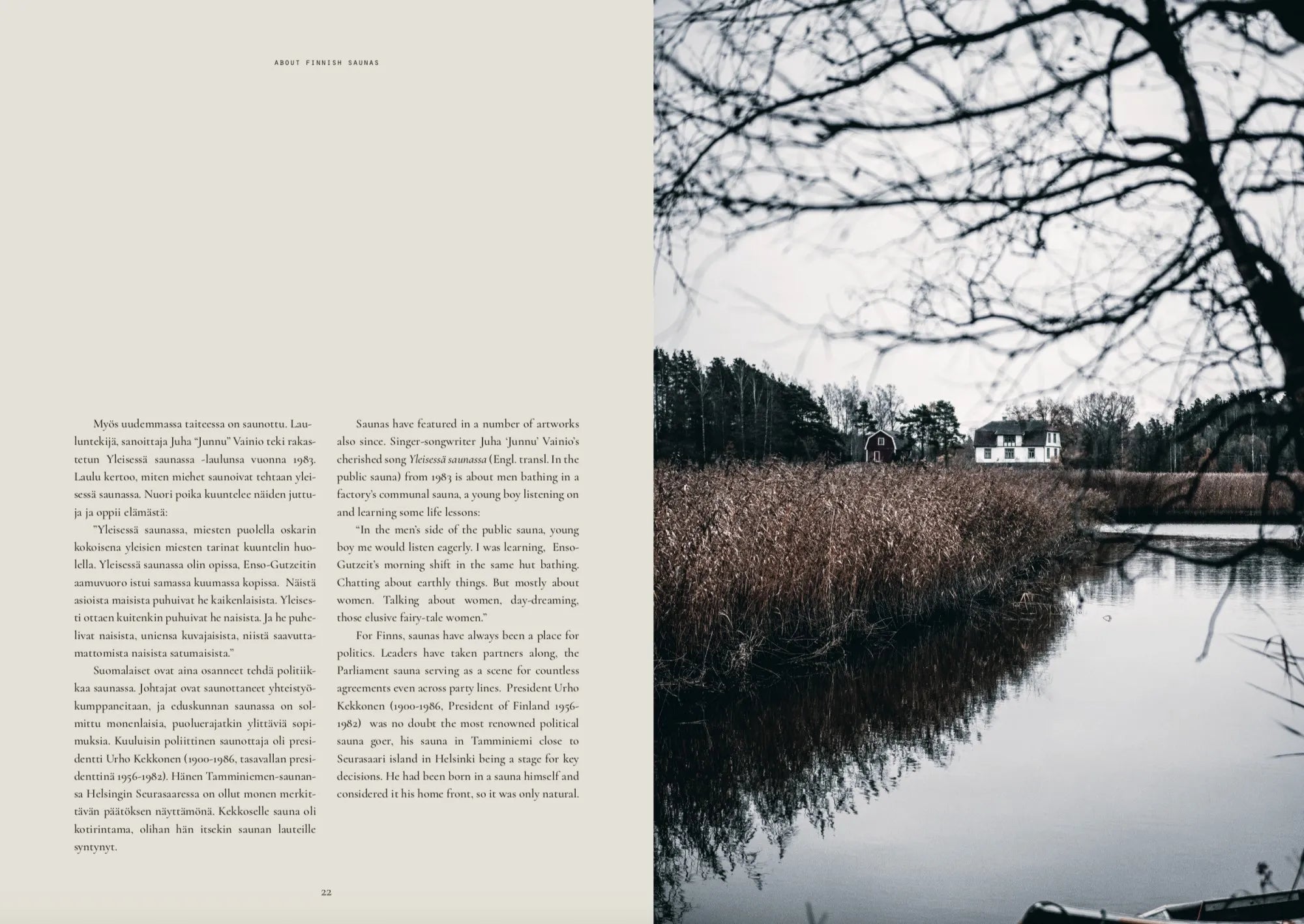 Hardcover book celebrating the sauna experience with stunning photography of the Finnish nature in the Sauna book by Cozy Publishing.