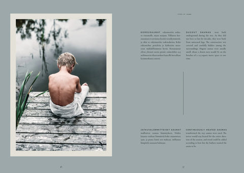 Hardcover book celebrating the sauna experience with stunning photography of the Finnish nature in the Sauna book  by Cozy Publishing. In both English & Finnish language, text side by side.