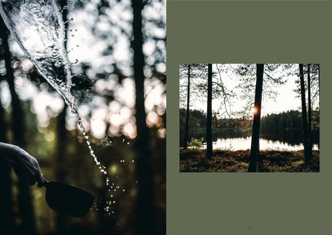 Hardcover book celebrating the sauna experience with stunning photography of the Finnish nature in the Sauna book by Cozy Publishing.