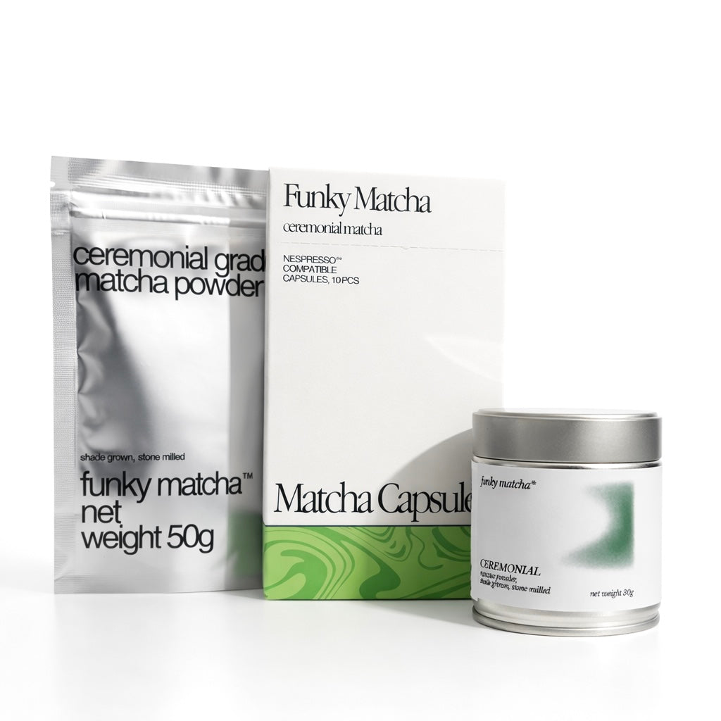 Funky Matcha matcha powder package, capsules, and ceremonial grade matcha on a white background