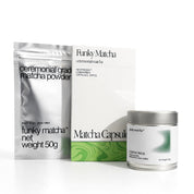 Funky Matcha matcha powder package, capsules, and ceremonial grade matcha on a white background