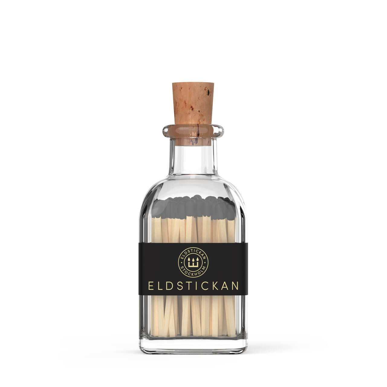 Black coloured matches in a stylish glass bottle from Eldstickan for a great interior design idea