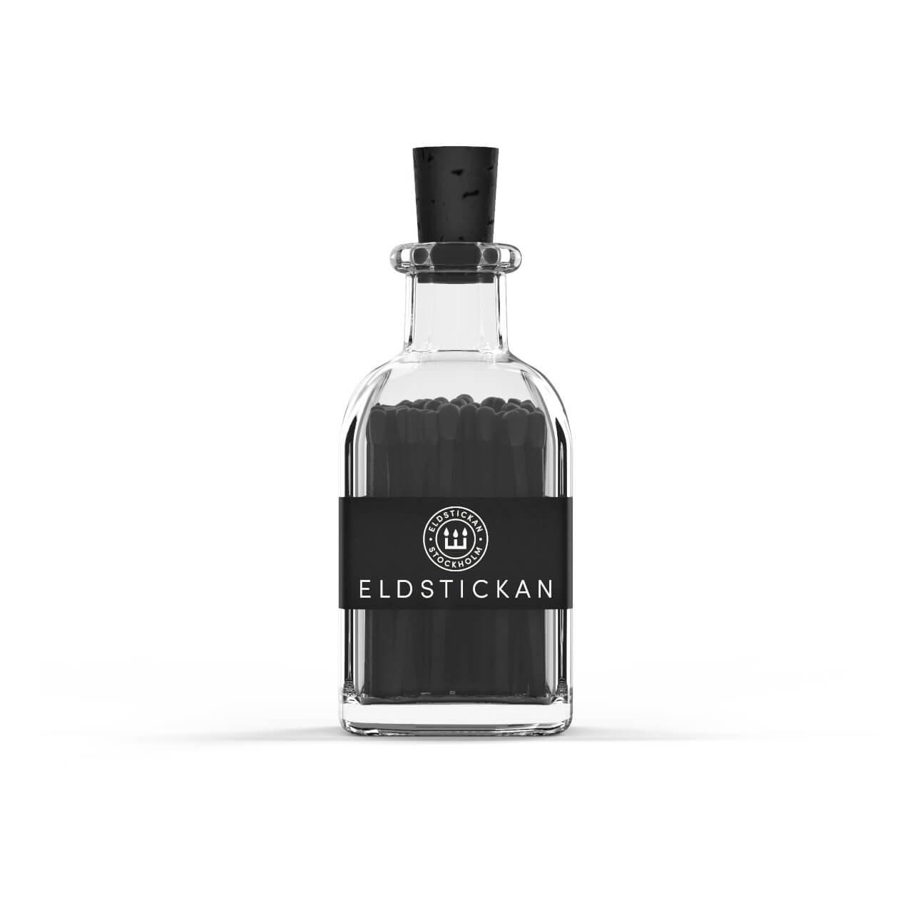 All black chic coloured matches in a stylish glass bottle from Eldstickan for a great interior design idea