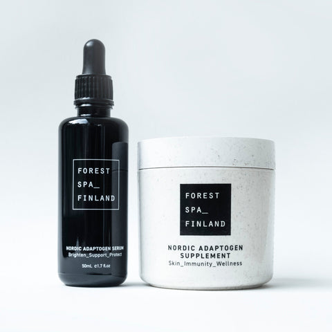 Black glass dropper bottle plus skin supplements full of active Nordic Adaptogens make the perfect combination inside and out for the skin to brighten, support and protect, direct from Forest Spa Finland.