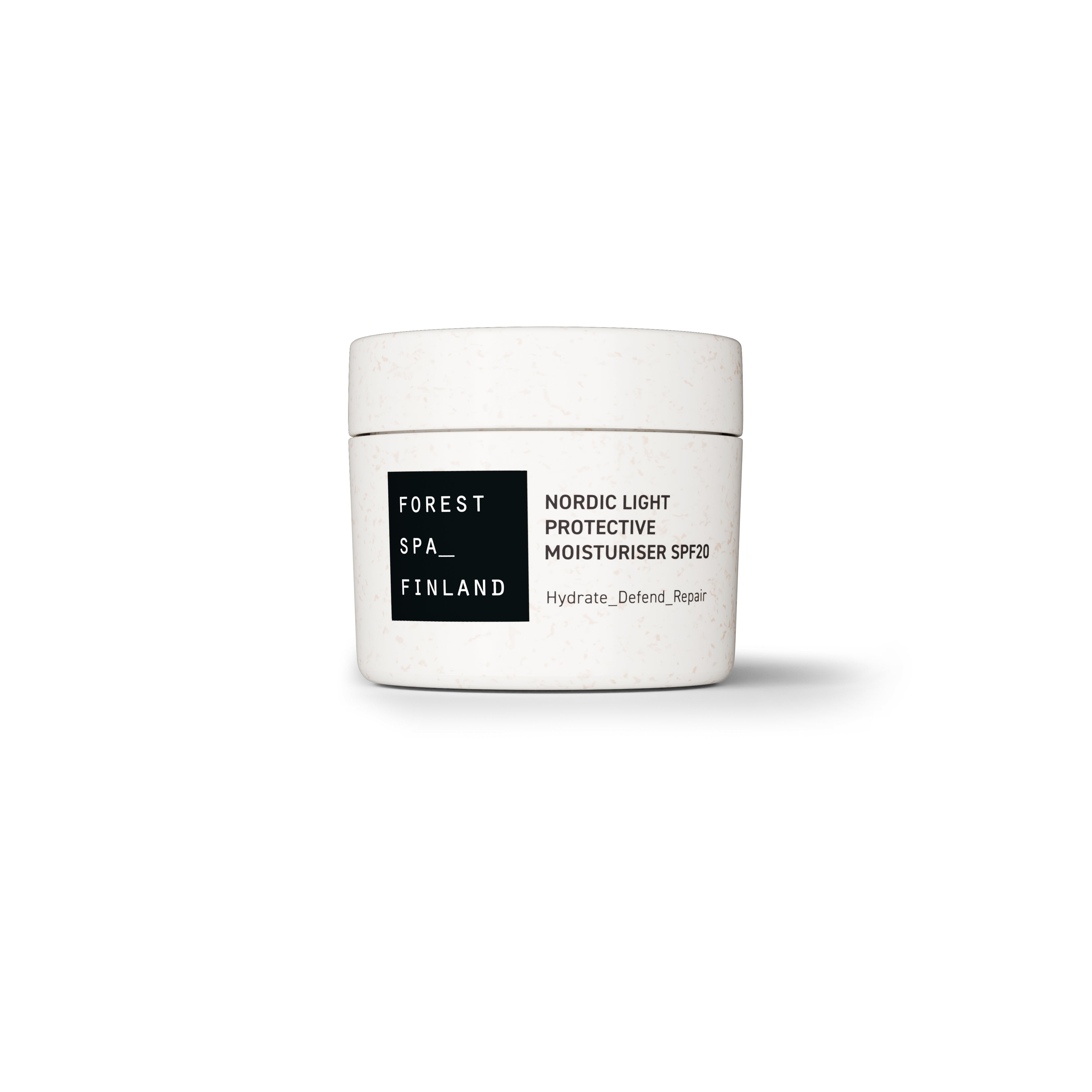 White Bio packaging jar for the new moisturiser from Forest Spa Finland with blueberry, oat, and adaptogens with additional SFP20 to hydrate, defend and repair the skin.