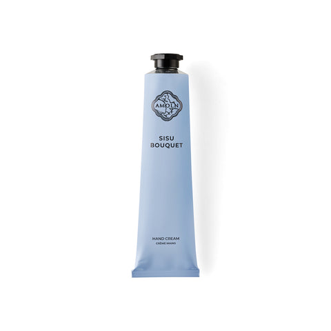 Signature blue hand cream in a luxury sky blue tube, inspired by Scandinavian skies, in the scent Sisu Bouquet - a blend of  saffron, grass, summer florals & moss from Amoln, makers of Sweden's royal candles.