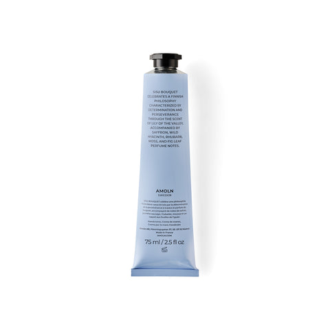 Signature blue hand cream in a luxury sky blue tube, inspired by Scandinavian skies, in the scent Sisu Bouquet - a blend of saffron, grass, summer florals & moss from Amoln, makers of Sweden's royal candles.