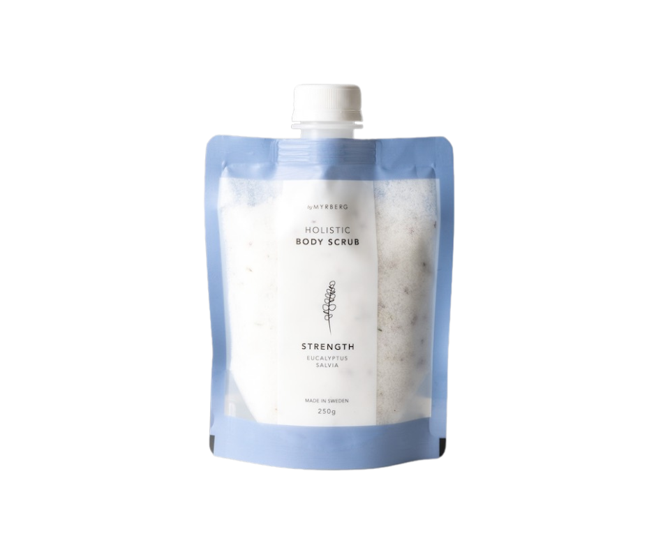 Luxury, natural body scrub to revitalise the skin with essential oils of eucalyptus and sage, to bring nature & aromatherapy benefits into your own home spa. By Myrberg