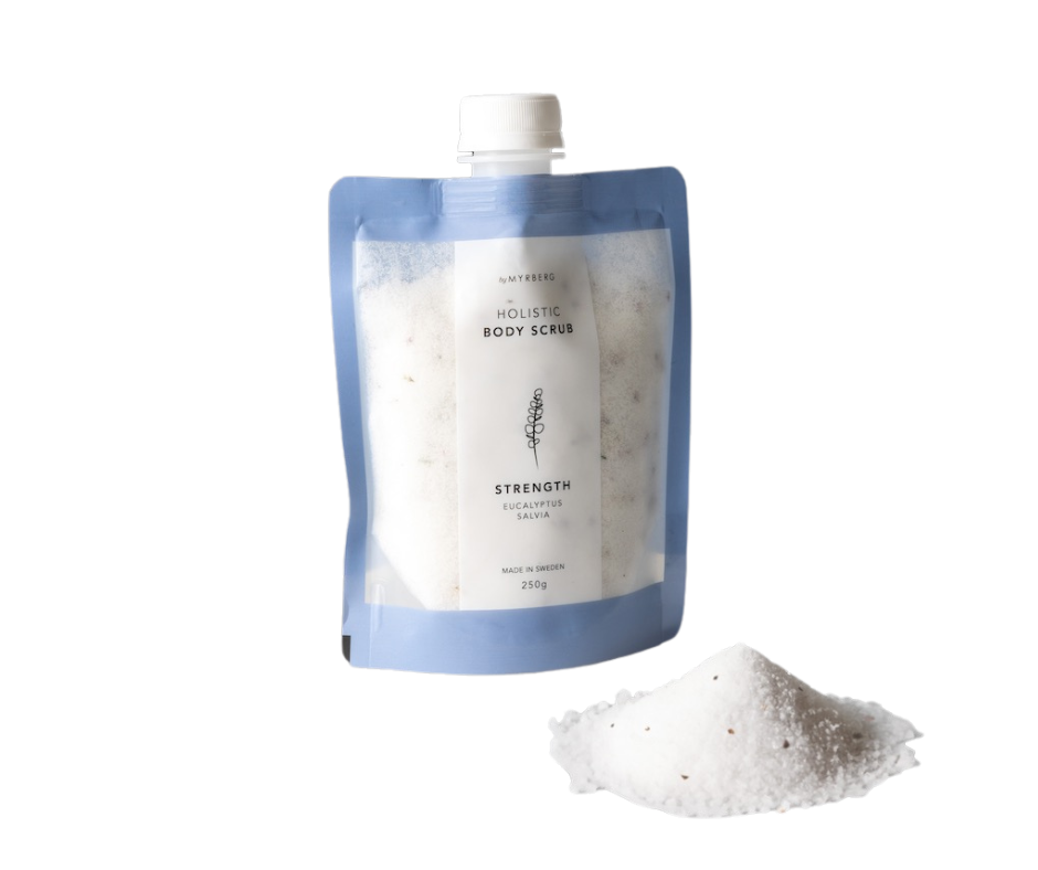 Luxury, natural body scrub to revitalise the skin with essential oils of eucalyptus and sage, to bring nature & aromatherapy benefits into your own home spa. By Myrberg