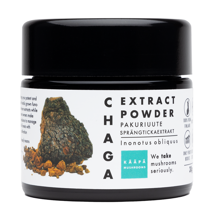 High bioavailable chaga mushroom extract in powder form  from Finland from only the fruiting bodies, for overall wellness and balance in the body & immunity boost.