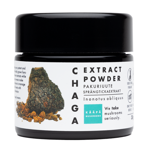 High bioavailable chaga mushroom extract in powder form  from Finland from only the fruiting bodies, for overall wellness and balance in the body & immunity boost.