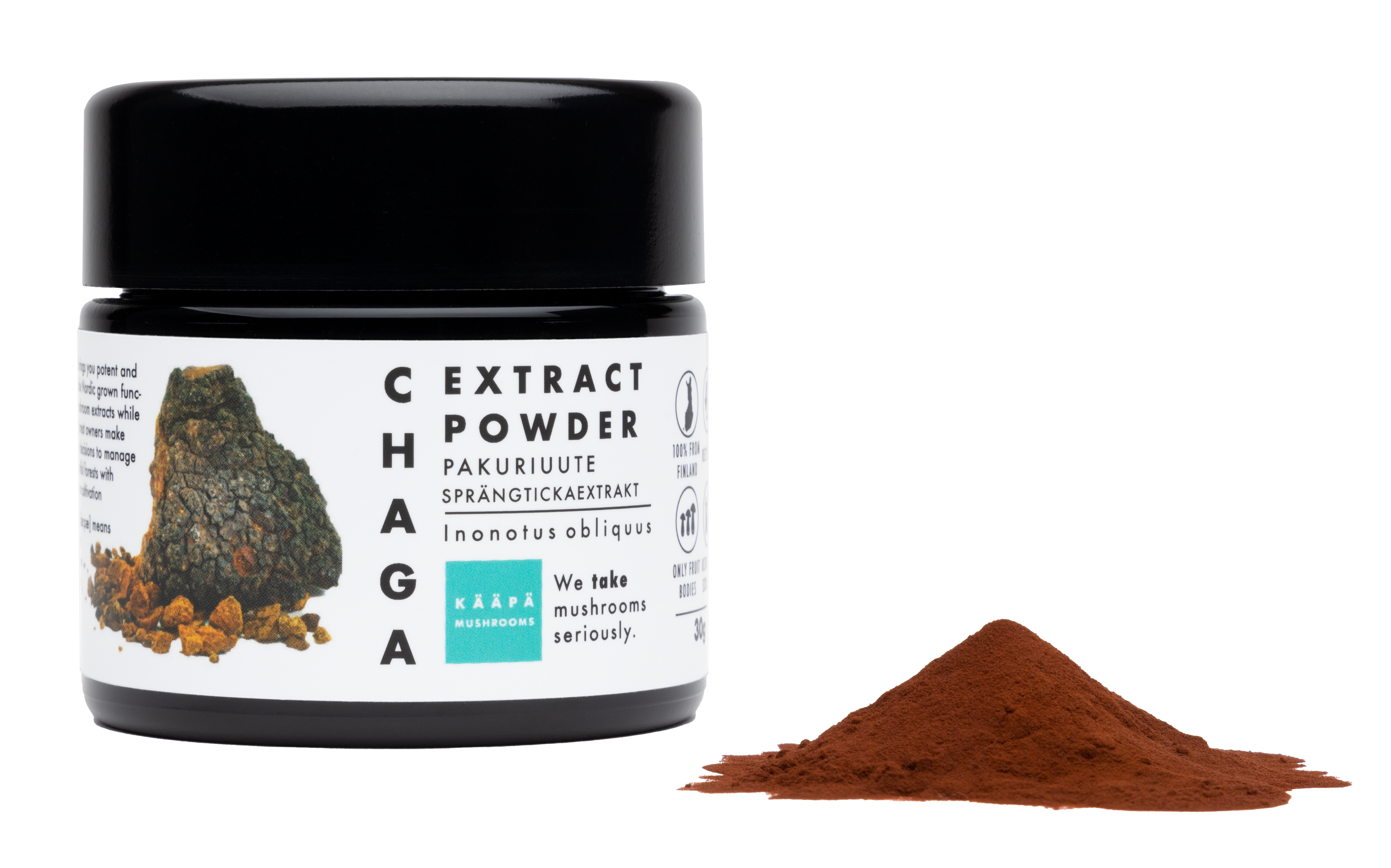 High bioavailable chaga mushroom extract in powder form from Finland from only the fruiting bodies, for overall wellness and balance in the body & immunity boost.