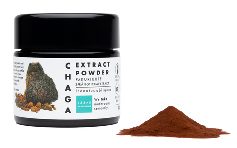 High bioavailable chaga mushroom extract in powder form from Finland from only the fruiting bodies, for overall wellness and balance in the body & immunity boost.