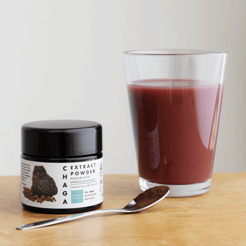 Add to your smoothie the high bioavailable chaga mushroom extract in powder form from Finland from only the fruiting bodies, for overall wellness and balance in the body & immunity boost.