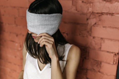 Organic linen sleep mask in natural colours for a luxury sleep solution, designed to comfortably cover the ears too. In a wash & travel bag from Isona Linen