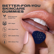 Skincare gummies being eaten with branding and certification icons displayed.