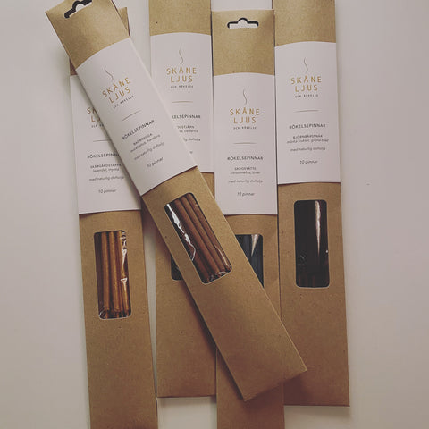 Natural incense sticks in packs of 10 with scents of local nature to complete our unique, Skåne Ljus created ceramic incense holder for loose incense or tealights in local clay.