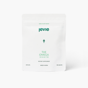 White pouch of Jevie Omega 3-5-6-7-9 supplement, clean plant-based formulation of omega fatty acids for skin and wellness