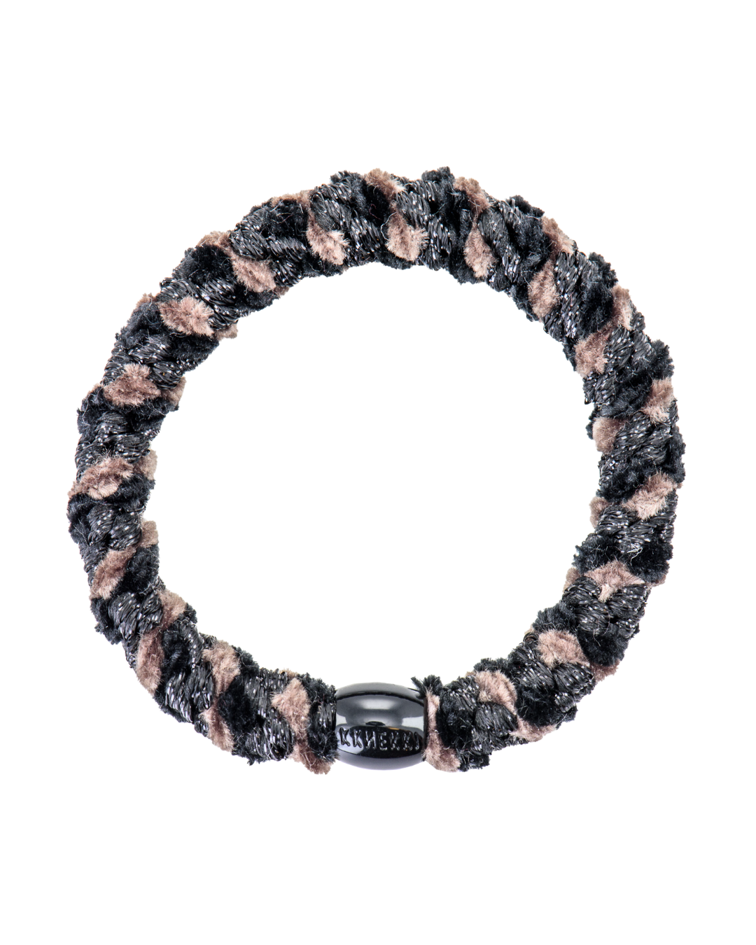Kknekki mix black moss hair tie with black velvet and beige mix, and black iconic logo bead.