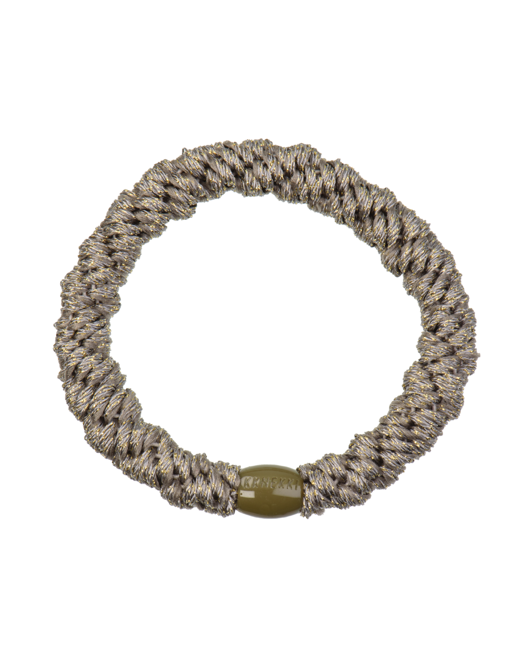Kknekki camo glitter hair tie with neutral dark beige and gold tones, and dark beige iconic logo bead.