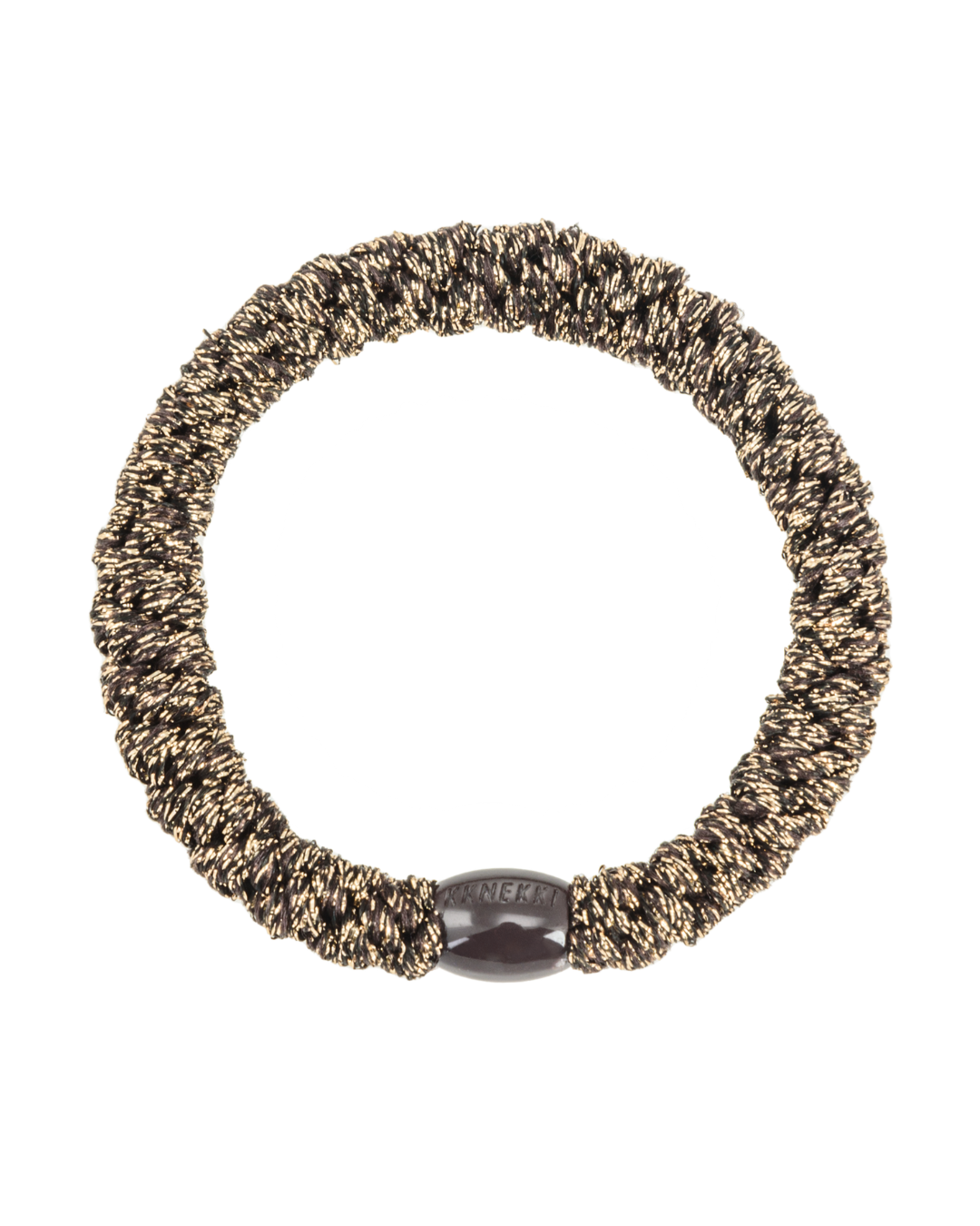 Kknekki coffee glitter hair tie with brown and gold colour mix, and brown iconic logo bead.