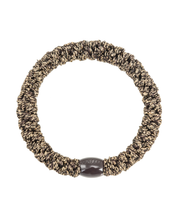 Kknekki coffee glitter hair tie with brown and gold colour mix, and brown iconic logo bead.