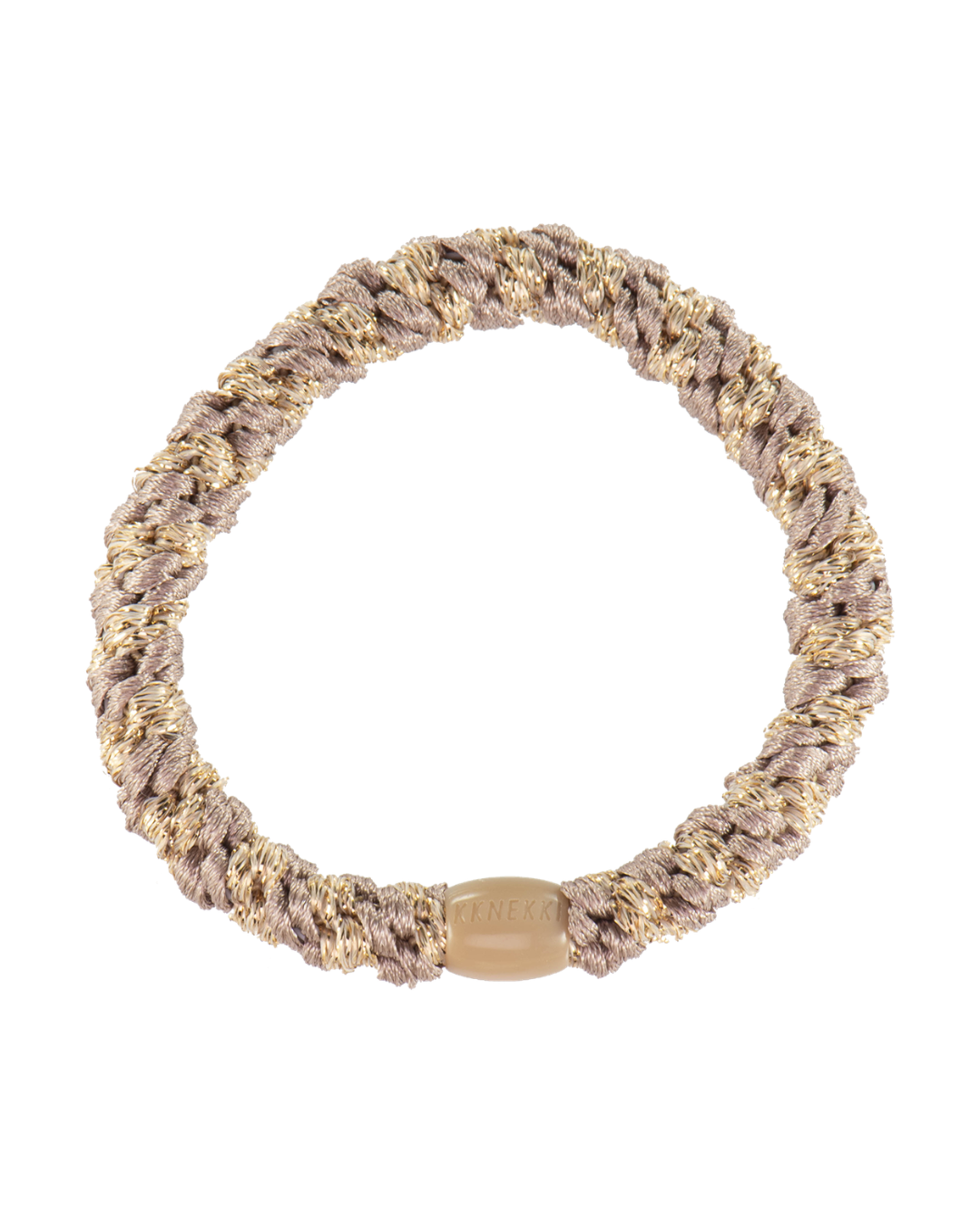 Kknekki dove beige glitter hair tie with neutral beige tones colour mix, and beige iconic logo bead.