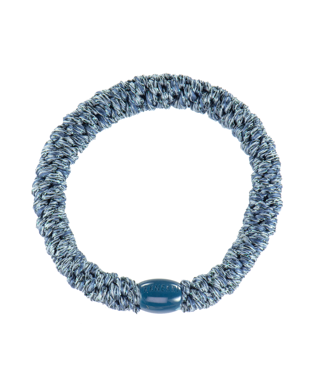 Kknekki dusty blue glitter hair tie with grey blue colour mix, and dusty blue iconic logo bead.