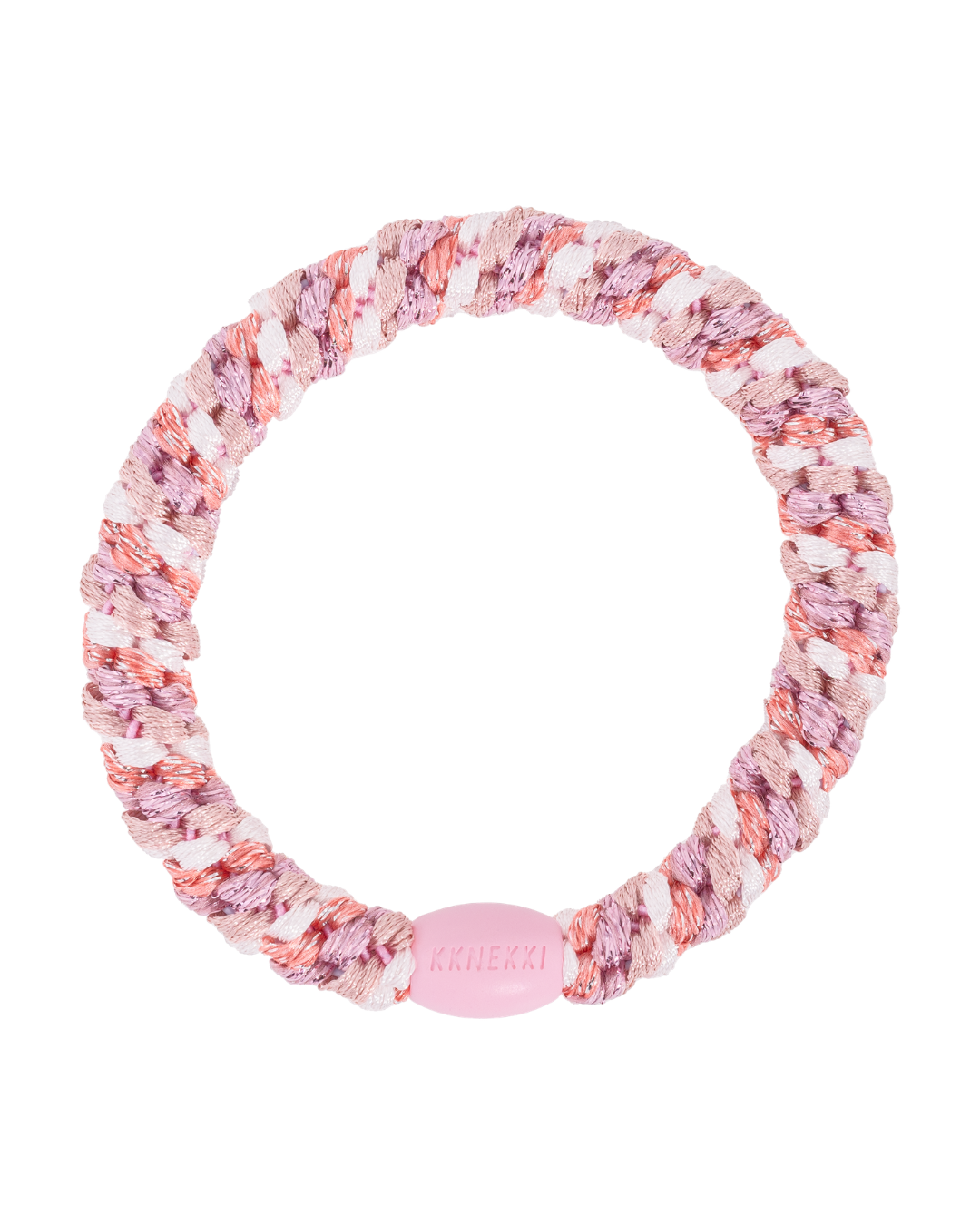 Kknekki dusty rose pink glitter hair tie with pink and white colour mix, and light pink iconic logo bead.