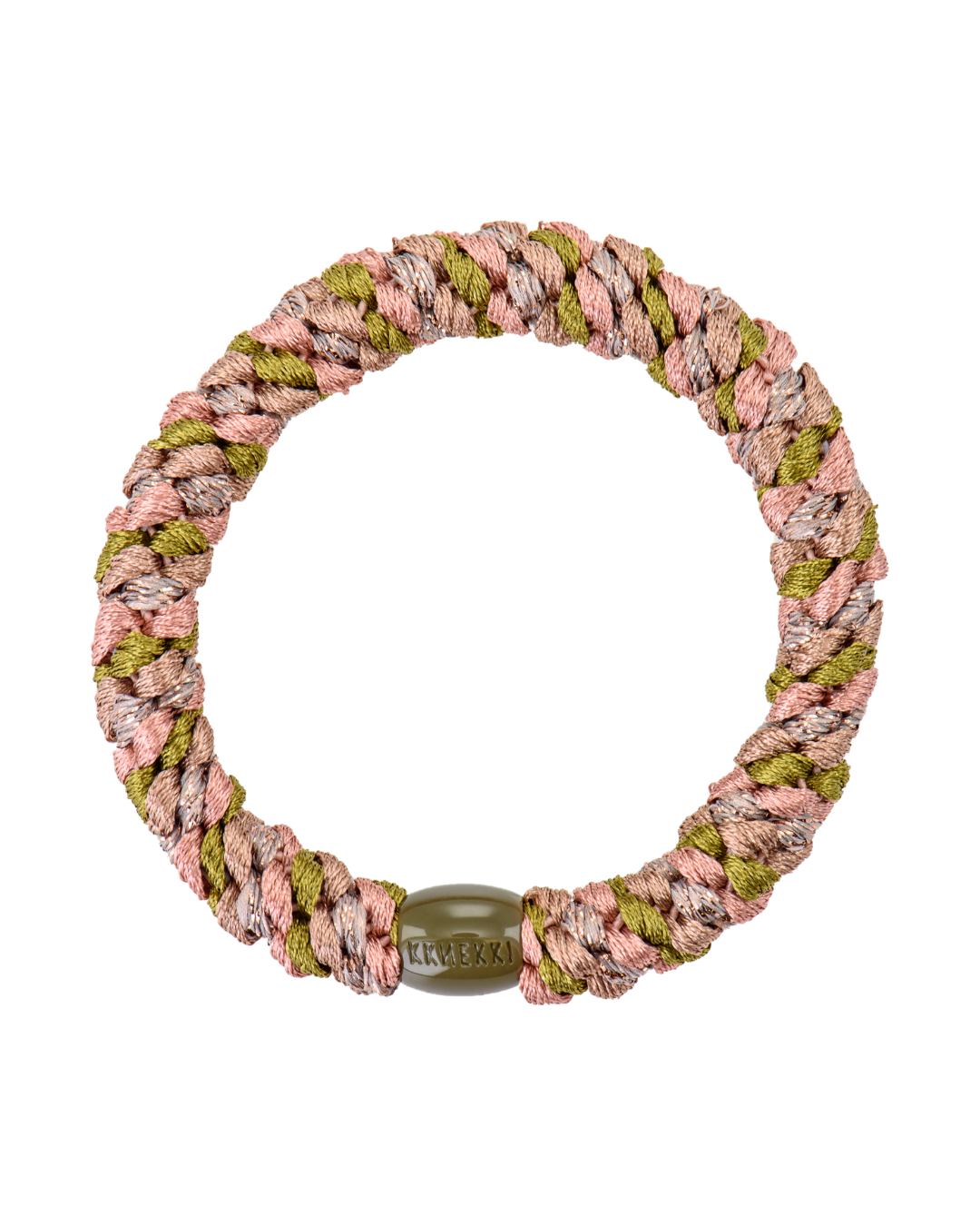 Kknekki mix green pink multi hair tie with light pink, moss green and beige colour mix, with olive green iconic logo bead