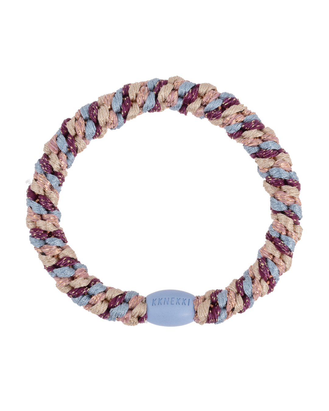 Kknekki mix light blue grape glitter hair tie with baby blue, dark wine red and pinky beige colour mix, with light blue iconic logo bead.
